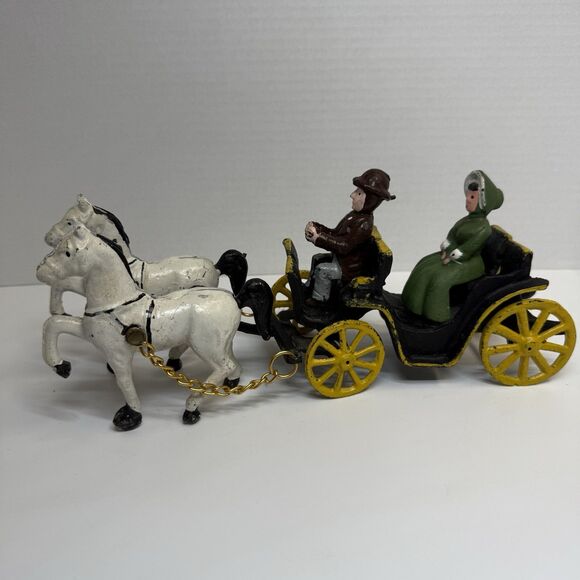 Vintage Cast Iron Double White Horse Drawn Carriage With Driver & Lady Passenger - Picture 1 of 7